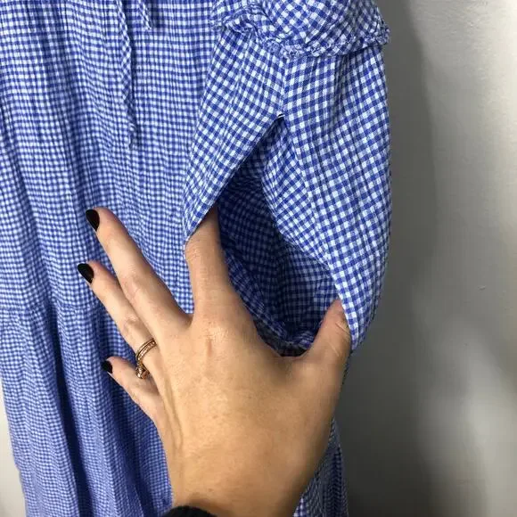 Bird of Paradis Dress Blue White Cotton Gingham Ruffle Midi Pockets Waist Tie S